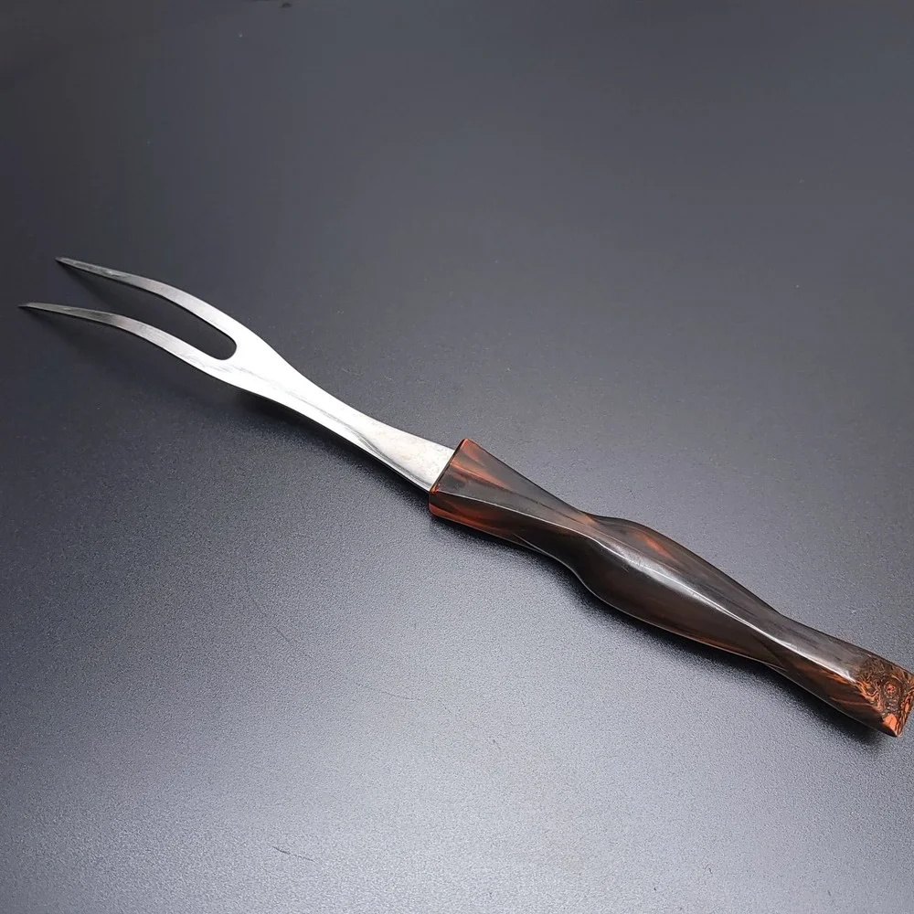 CUTCO 1727 Carving Fork Stainless‎ Steel Two Prong Orange Brown Handle USA